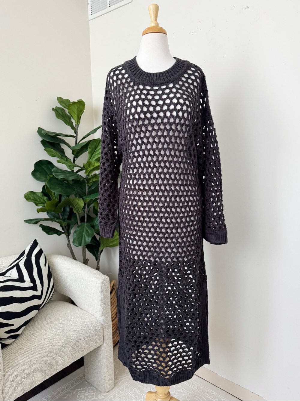 H&M Black Open-Weave Long Sleeve Midi Dress